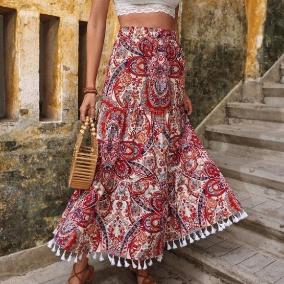 Boho Paisley Floral Skirt Fringe Hem Red - Picture 2 of 7